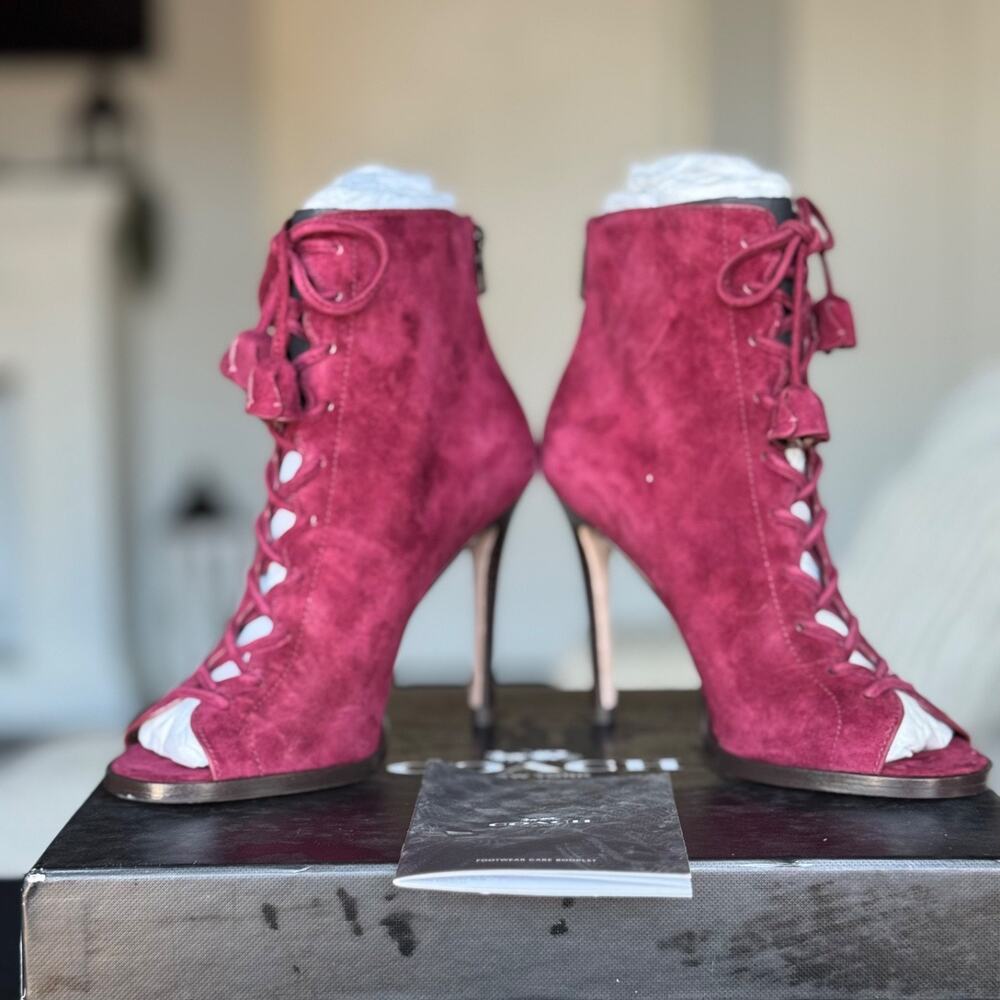 Coach Lena Lux Suede Lace Up Peep Toe Booties Burgundy Women's Size 5M NIB